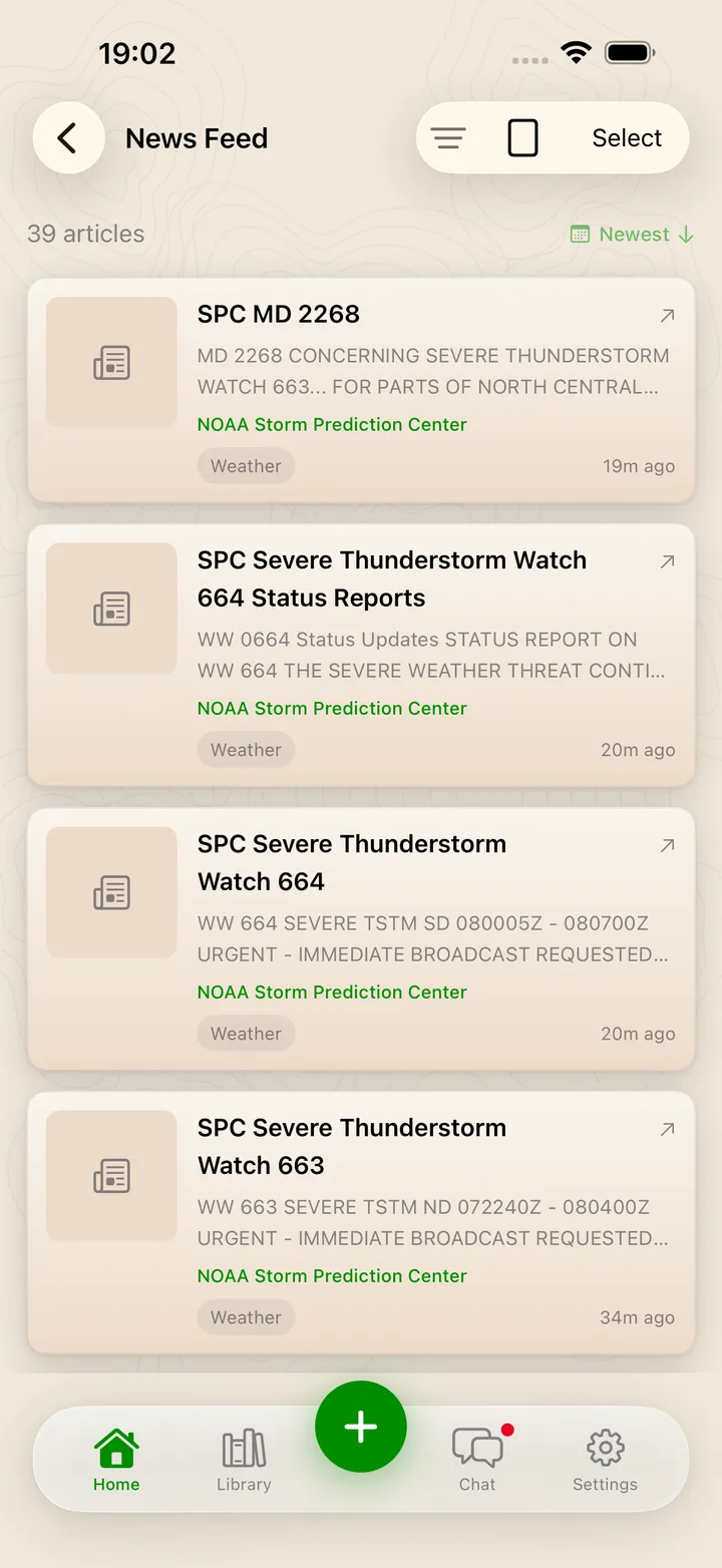 News feed with NOAA Storm Prediction Center bulletins