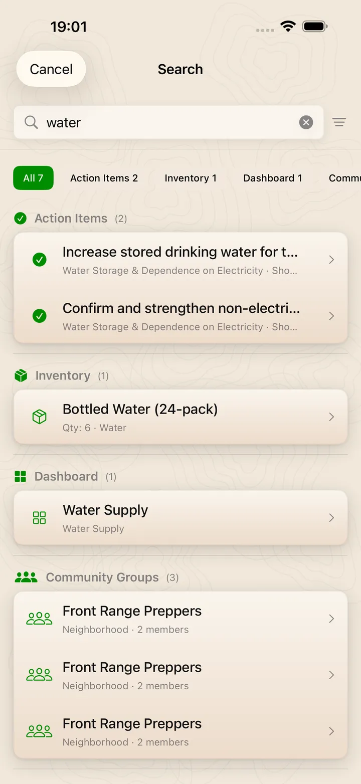 Search results across tasks, inventory, dashboard and groups