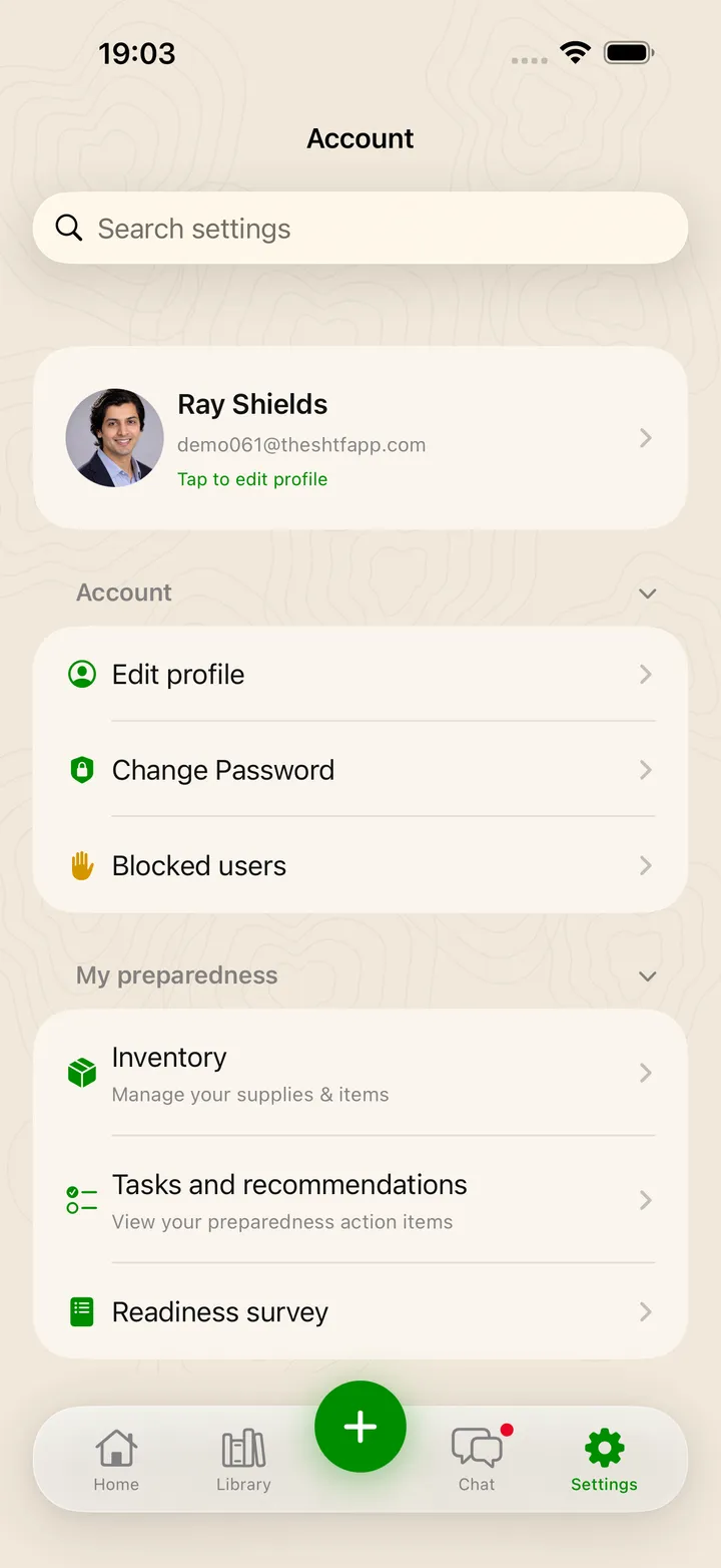 Account settings screen